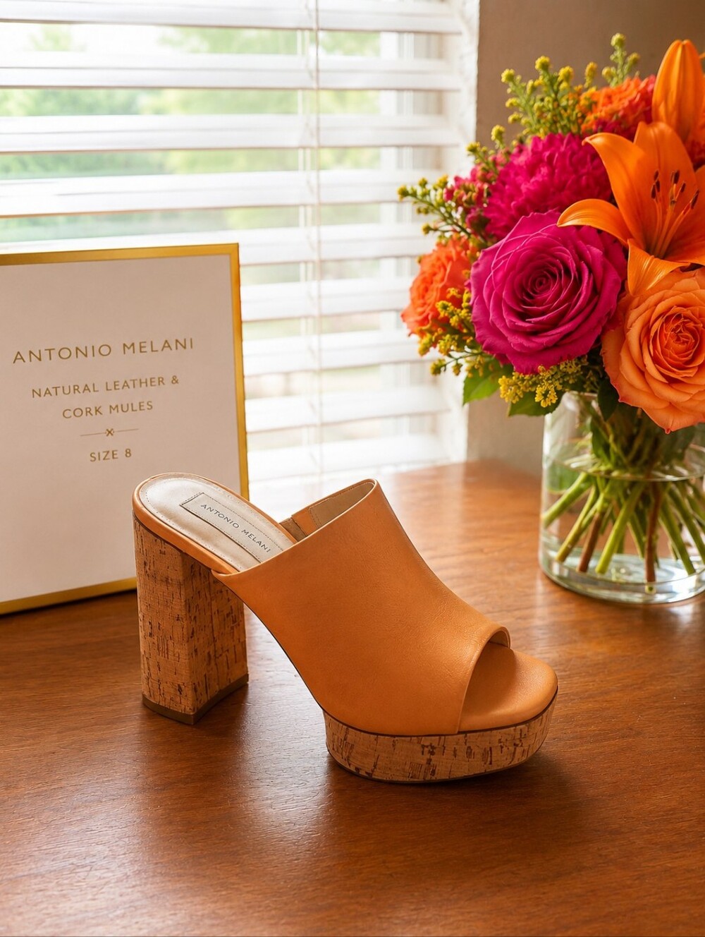 Antonio Melani Natural Leather & Cork Platform Mules Size 8 | EUC